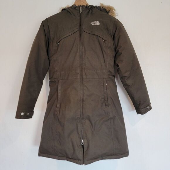 THE NORTH FACE Womens Jacket 550 Down HyVent Olive Green Hooded Fur Medium - Picture 1 of 16